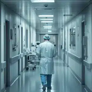 A doctor walking in a hospital.