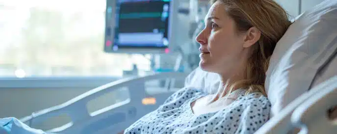 An woman in a hospital bed.