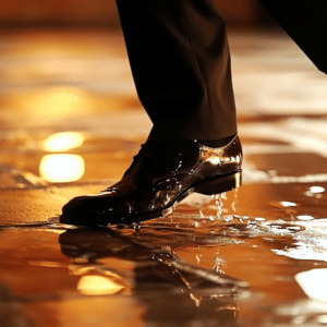 man trying to balance on a wet floor