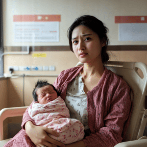 newborn in her worried-looking mother's lap